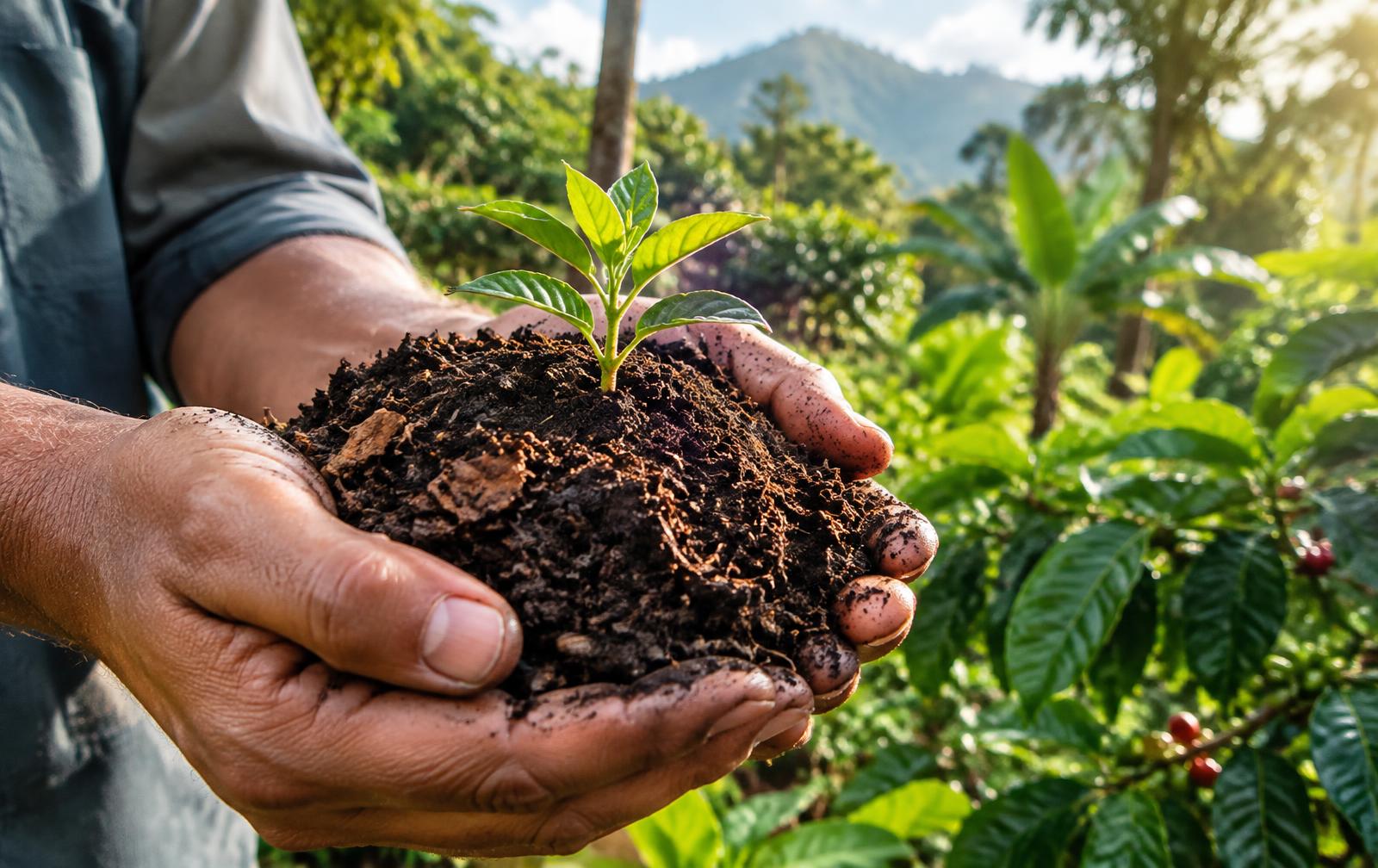 Manos sosteniendo compost orgánico con un brote